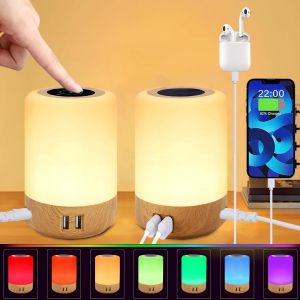 Lampe De Chevet, Veilleuse Led Avec 4 Ports De Chargement Usb-A, Lampe Chevet Tactile, Night Light Avec 8 Couleurs /10 Niveaux De Luminosit&eacute; Pour Chambre Salon Salle De B&eacute;b&eacute; (Eu Plug) - 2pcs - Neuf