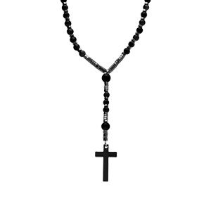 Collier Acier Chapelet Boules Diam&egrave;tre 6 Et 8 Noires Et Croix 35mm X 20mm Pvd Noir Sans Fermoir 70cm - Neuf
