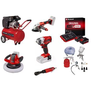 Kit garage et atelier Einhell ? Visseuse, meuleuse, polisseuse, compresseur + accessoires et batteries - Neuf