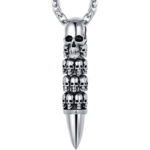 Trahoo-Collier Tete De Mort Homme Pendentif Crane Bijoux Tête De Crâne Gothique Acier Inoxydable Avec Chaîne Réglable 55+5cm - Neuf