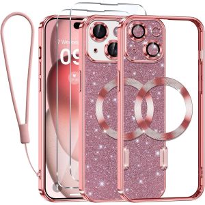 LORANKA-Glitter Magn&eacute;tique pour iPhone 15 Con Cordon, [Compatible avec MagSafe] Antichoc Brillant Paillet&eacute; Housse Transparent Souple Couqe pour iPhone 15 avec 2 Pi&egrave;ces Verre Tremp&eacute; &Eacute;tui, Rose - Neuf