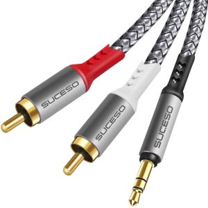MEVRONISSHOP-C&acirc;ble Cinch Jack Audio 3.5mm M&acirc;le vers 2 RCA M&acirc;le Auxiliaire St&eacute;r&eacute;o Nylon Compatible avec T&eacute;l&eacute;phone iPod Amplificateur Cha&icirc;ne HiFi Home Cin&eacute;ma TV Autoradio Enceinte Barre de Son -2M - Neuf