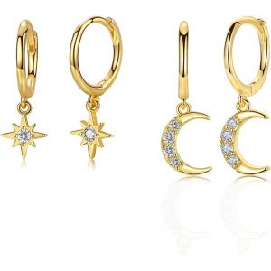 2paires De Boucles D¿Oreilles Femmes Pendants Lune & Etoile Cadeau Pour Femmes Filles Cadeau Anniversaire Plaqué Or 10k Argent 925 Bijoux Ensemble - Neuf