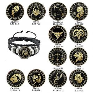 12 Constellation Bracelet Scorpion Sagittaire Capricorne Verseau Noir Corde Cuir Bouton Bracelet Zodiaque Bijoux Pour Cadeau - Neuf