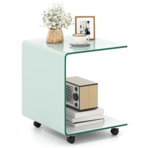 Costway Table Basse Roulette En Verre Trempé Transparente, 4 Roues , 45 X 39,5 X 48 Cm En Form U Pour Salon, Bureau, Chambre,Blanc - Neuf