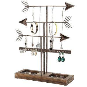 Rustique En Métal Bronze Flèche Bijoux Organisateur Du Tour Rack, 3-Tier De Bois Brûlé Boucle D'oreille Et Collier Titulaire, De La Décoration De Stockage - Neuf