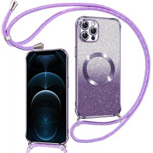 TRAHOO-Couqe Magn&eacute;tique pour iPhone 12 Pro Max Con Cordon, Compatible avec MagSafe, Brillant Glitter Paillet&eacute; Antichoc Durable R&eacute;sistante Etui Soft Bumper Housse pour iPhone 12 Pro Max, Violet - Neuf