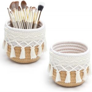 KALANKA-2 Pi&egrave;ces Paniers Boho en Coton 10 x 10 cm Organisateur de Maquillage et Rangement Pinceaux Panier Tress&eacute; D&eacute;coratif pour Coiffeuse Salle de Bain Bureau Porte-Stylo et Accessoires de Maquillage - Neuf
