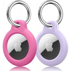 MEVRONISSHOP-Airtag Porte Cl&eacute; pour Apple AirTag 2021, TPU Etui Anti-Perte/Anti-Chute avec Couvercle Clef Airtag, Coque Airtag pour GPS, Sac &agrave; Dos et Animaux (Violet/Rose) - Neuf