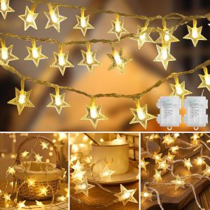 Kal-2pcs Guirlandes Étoiles, 6.4m 40 Led Chambre Lumières Led Étoile Chaîne, 8 Modes D'éclairage Étanche Guirlande Lumineuse De Étoile, Guirlandes Lumineuses D'intérieur Décoratifs,Blanc Chaud - Neuf