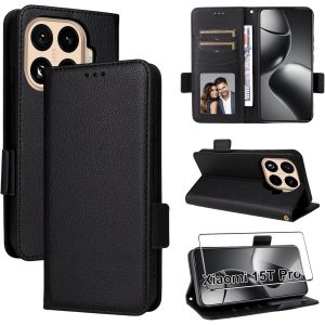 KALANKA-Coque pour Xiaomi 15T Pro 5G Protection Case+1 pi&egrave;ce Verre Tremp&eacute;,&Eacute;tui de Protection Portefeuille Antichoc Premium Fibre-Housse &Eacute;tui Compartiments pour Cartes et Fermeture magn&eacute;tique-Noir - Neuf
