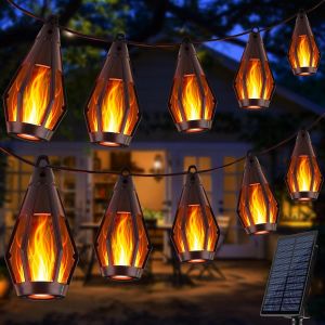 JGD-Guirlande lumineuse solaire d'ext&eacute;rieur - 12,6 m - 15 ampoules LED - Avec effet flamme - Guirlande lumineuse solaire - D&eacute;coration d'ext&eacute;rieur - IP65 - R&eacute;sistante aux intemp&eacute;ries - Pour jardin - Neuf