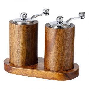 Ensemble De 2 Moulins &Agrave; Poivre Manuels Couleur R&eacute;tro Avec Base En Acacia En Forme De U - Neuf