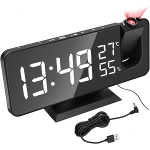 CHECARZHN--NO1-Réveil Projection Pour Chambre À Coucher, Réveil Numérique Avec Grand Écran Led, Radio-Réveil Port De Charge Usb,De La Température Et De L'Humidité - Neuf