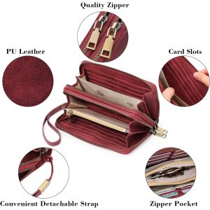 CAUC-Portefeuille Femme Grand, Porte Feuille Feminin Cuir V&eacute;g&eacute;talien Double Fermeture &agrave; Glissi&egrave;re, RFID Porte chequier, avec Multiples Poches Portefeuilles et Porte-Cartes Idee Cadeau Femmes - Neuf