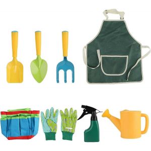 Ensemble d'outils de jardinage pour enfants comprenant un arrosoir, des gants, un r&acirc;teau et une pelle. - Neuf