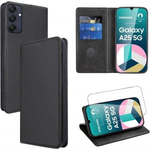 KAL-Coque Cuir Pour Samsung Galaxy A25 6.5"" Avec 1 Verre Tremp&eacute; Etui &Agrave; Rabat En Pu Porte-Cartes Portefeuille Support Flip Housse Magn&eacute;tique Antichoc Anti-Rayures Case,Noir - Neuf