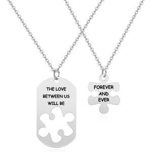 2pcs Colliers Couple Amoureux Puzzle Séparable Pendentif Personnalisé Forever Love Acier Inoxydable Cadeau Amour Amitié Saint-Valentin Anniversaire Femme Homme Avec Chaîne-Argent - Neuf