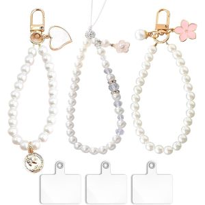 Maa-3 Pcs Bijoux De Telephone, Dragonne De Téléphone En Perlée, Dragonne De Lanière De Téléphone Avec 3 Onglets D'attache, Chaine Telephone Portable, Chaîne De Téléphone (Blanc) - Neuf