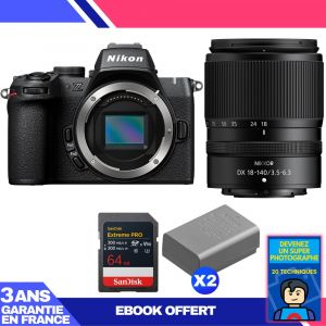 Boitier Nikon Z50 II + 18-140mm f/3.5-6.3 VR + 1 SanDisk 64GB Extreme PRO UHS-II SDXC + 3 Nikon EN-EL25a + Ebook 'Devenez Un Super Photographe - Neuf