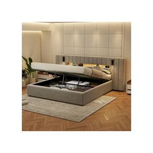 Cadre de lit 180 x 200 cm avec espace de rangement, matelas non inclus, finition velours, gris - Neuf