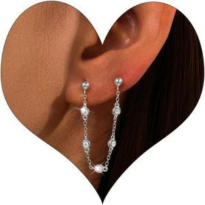 Kal-Boucles D'oreilles Pendantes Pour Femmes En Argent 925 Avec Chaîne Zircon Cubique Boucles D'oreilles Avec Chaîne Pendante Boucles D'oreilles Double Trou Hypoallergénique - Neuf