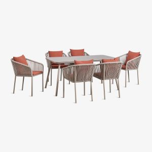 Set de table rectangulaire 160x90 cm et 6 chaises de salle &agrave; manger en corde tress&eacute;e Arhiza Classic Marron moka - Terracotta - Neuf