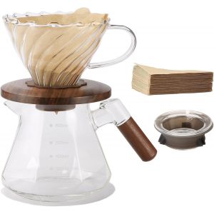 Goutteur &agrave; caf&eacute; avec 100 filtres en papier de taille 02, verre borosilicate et collier en noyer, cafeti&egrave;re goutte &agrave; goutte, 1 &agrave; 3 tasses, transparent (goutte &agrave; caf&eacute;) - Neuf