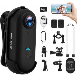 MEVRONISSHOP-Cam&eacute;ra d'action 4K &eacute;tanche 64 Go Mini Bodycam V&eacute;lo Dashcam WiFi Action Camera Cam&eacute;ra Corps Cam&eacute;ra Moto Cam&eacute;ra Sport avec Magn&eacute;tique et Pince &agrave; 360&deg; pour Cyclisme Surf - Neuf