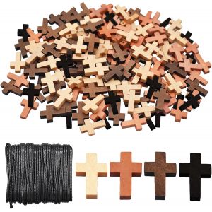 Mini Bois Croix,200 Pcs Naturel Pendentifs Croix En Bois Avec 20m Corde De Cire Collier Accessoires Croix En Bois Ornement Pour Diy Artisanat Bracelet Fabrication De Bijoux - Neuf