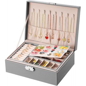 Coffret À Bijoux Pour Femme, 2 Niveaux, En Cuir, Avec Serrure, Pour Bagues, Boucles D'oreilles, Bracelets, Colliers (Gris) - Neuf
