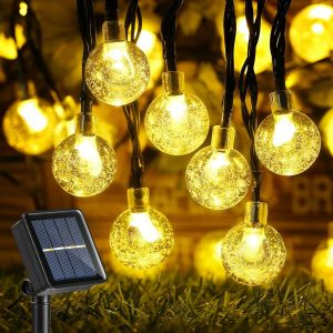 Aiou-Guirlande Lumineuse Solaire,13.8m 60 Led Boules Cristal Solaire Blanc Chaud,Ip65 Guirlande Lumineuse Exterieur Avec 8 Modes Pour Jardin,Patio,Clôture,Mariage,Terrasse,Noël - Neuf