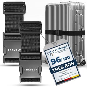 KALANKA-® Lot de 2 sangles de valise de qualité supérieure, particulièrement attrayante et sûre, avec 2 étiquettes à bagage, sangle de bagage idéale en croix, noir - Neuf
