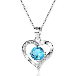 Femme Collier Argent Fin 925 Avec Zircone Cubique 5a Bleu,Pendentif En Forme De Coeur,Collier Avec Chaîne Hypoallergénique Pour Femme Fille,Mariage Anniversaire Cadeau - Neuf