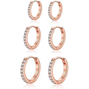 Cr&eacute;oles Boucles D'oreilles Pour Femme Fille En Argent Fin 925 Avec Zircone Cubique, 3 Paires Petites Cr&eacute;oles Anneaux Cartilage Ensemble, Boucles D'oreilles Huggies Set, 10, 12, 14mm - Neuf