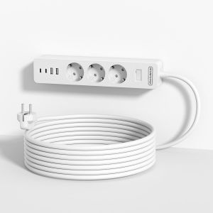 3 M&egrave;tre Multiprise Electrique USB C, Multiprise avec Interrupteur 3 Prises et 4 Ports USB avec Support Mural et Viss, Multi Protection, Protection pour Les Enfants, Blanc - Neuf