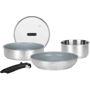 Subzonal-716744 Batterie De Cuisine Inox 5 Pcs : 1 Manche Amovible, 1 Casserole &Oslash;18cm, 1 Po&ecirc;le &Oslash;28cm, 1 Sauteuse &Oslash;24cm, 1 Couv Verre - Rev&ecirc;tement Antiadh&eacute;sif Sain En C&eacute;ramique - Tous Feux Dont Induct - Neuf