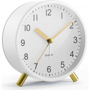 KAL-Réveil Analogique Silencieux Sans Tic-Tac, Horloge De Chevet Classique En Métal Avec Veilleuse Et Grand Écran, Réveil À Piles Pour Chambre À Coucher, Enfants, Personnes Âgées (Blanc) - Neuf