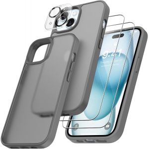Kal-4 En 1 Coque Pour Iphone 15 Avec 2 Verre Trempé Et 1 Caméra Protecteur, [Coussin D'air Intégré] Antichoc Antirayures Bumper Protection Housse Pour Iphone 15 6.1"", Gris - Neuf