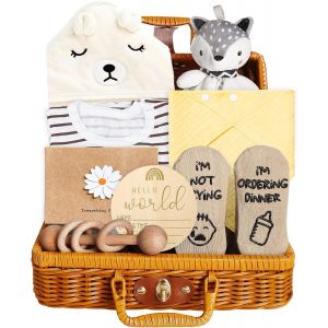 Yemaesre-Cadeau Pour Bébé Garçon, Cadeau De Nouveau-Né 9 En 1 - Serviette À Capuche Pour Bébé, Poupée Renard, Hochet En Bois, Bavoir Pour Bébé, Carte De V?ux, Chaussettes, Cartes De Jalons Pour Bébé, - Neuf