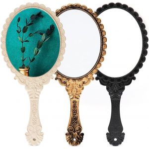 Hand Mirror With Handle, 3 Pieces Makeup Mirror Portable Professional Retro Oval Pattern Vanity Mirror For Ladies Girls Travel Home Office - Neuf