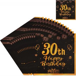 Kal-Lot De 40 Serviettes De D&eacute;coration D'anniversaire, 33 Cm X 33 Cm, Serviettes De F&ecirc;te En Papier, Pour 30e Anniversaire, Homme Et Femme, D&eacute;coration De Table Pour 30e Anniversaire, Noir Et Dor&eacute; - Neuf