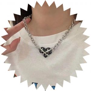 Kal-Collier Punk Chunky Curb Chain Choker Argent Cuban Chain Choker Collier Gothique Chaîne À Maillons Épais Collier Coeur Noir Bijoux En Chaîne Pour Femmes Et Filles - Neuf
