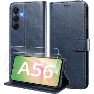 Kal-Coque Pour Samsung Galaxy A56 5g Etui Coque Avec 2 Verre Trempé Porte Carte Clapet À Rabat Portefeuille Cuir Case Housse Protection Flip Cover Étui Coque Pour Samsung Galaxy A56 5g,Bleu - Neuf