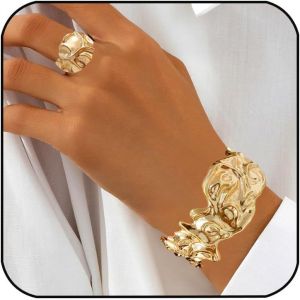 Eryi-Bracelets À Manchette Or Bague Or Pour Femme, Bracelet Ouvert Manchette Large Bracelet Manchette Réglable Bagues Ouvert Bague Ensemble Bracelets Bagues Pour Femme Fille - Neuf