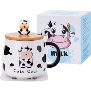 Eryi-Tasse À Café En Forme De Vache Mignonne Avec Joli Couvercle, Dessous De Verre Et Cuillère Kawaii - Cadeau D'anniversaire Pour Femme, Amoureux Des Vaches, Filles Et Enfants - Neuf
