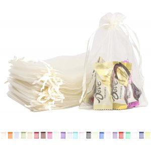 Lot de 100 sacs cadeaux en organza blanc ivoire, 10 x 15 cm, petits sacs à dragées en organza avec cordon de serrage, sacs à bonbons pour anniversaire, mariage, Noël, emballage cadeau - Neuf