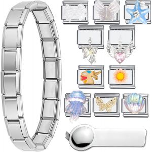 Eryi-13 Pièces Ensemble De Bracelet De Charme Italien | 1 Bracelet Breloque Italienne + 10 Modules Amovibles + 1 Outils D'ouverture + 1 Coffret Cadeau Charms Dans Le Style Italien Pour Femme - Neuf