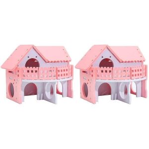 Charmante Villa Rose En Bois &Agrave; Deux &Eacute;tages Pour Hamsters &iquest; Cachette Confortable Et Salle De Jeux, Bois Naturel, Habitat Multifonctionnel Pour Animaux De Compagnie - Neuf