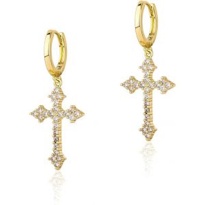 Tianyi-Boucles D'oreilles Longues Pendantes En Forme De Croix Pour Femmes, Longues Pendantes En Strass Brillant, Crochet Avec Anneau, Ajustables, Bijoux Pour Femmes Et Filles, Argent/Or - Neuf